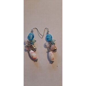 Dangle Earrings Blue Glass Beads Pink Gold Tone Silver Tone